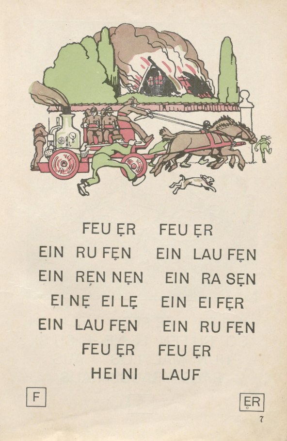 Fig. 7. Zimmermann, Hansa-Fibel: “Feuer! Feuer!”, the model Bach worked from, in which the boy is “Heini”.